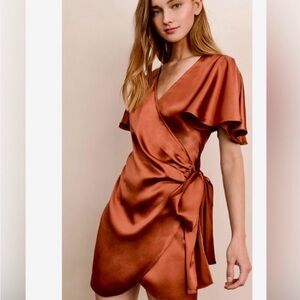 Dress Forum Satin Wrap Mini Dress in Cream / Champagne